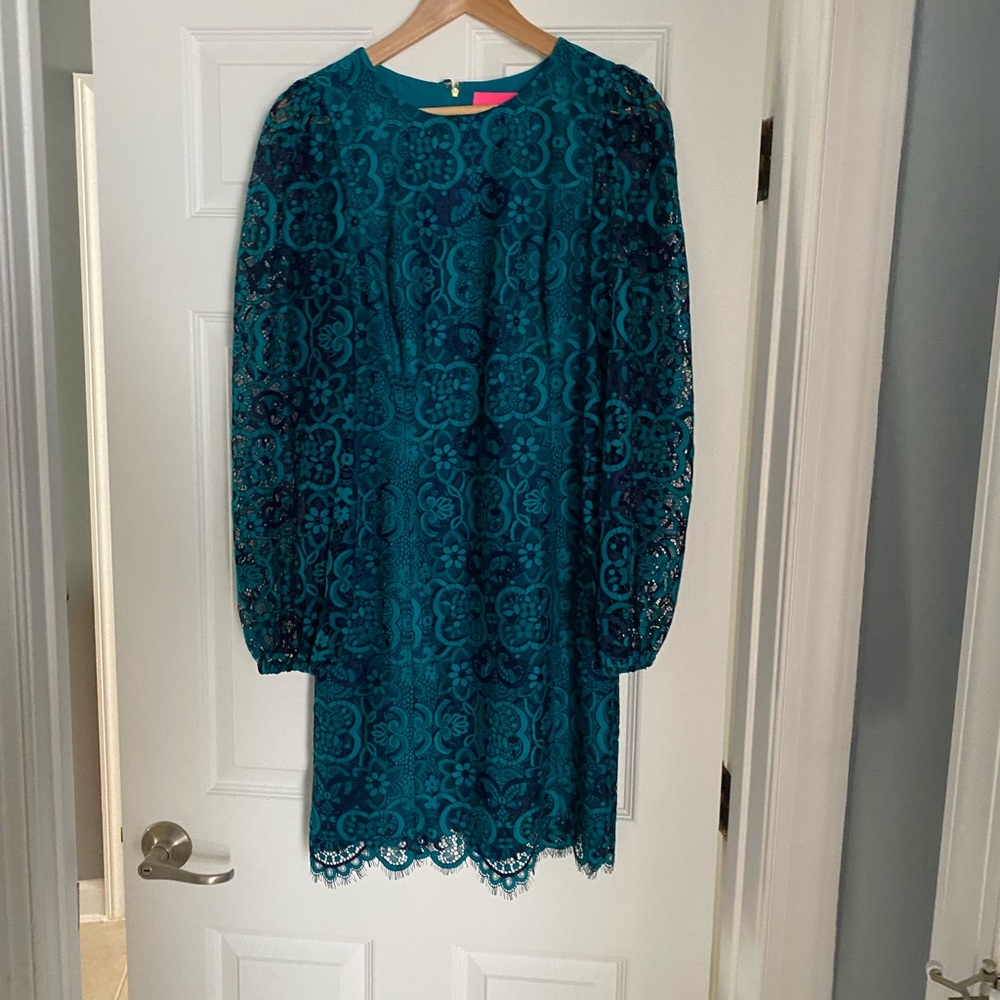 Lilly Pulitzer Teal Floral Lace Long-Sleeve Dress